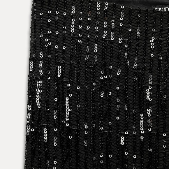 ZARA WOMAN NWT SEMI-SHEER FRINGED SEQUIN LEGGINGS BLACK / SILVER | 9860/223 - Picture 7 of 7